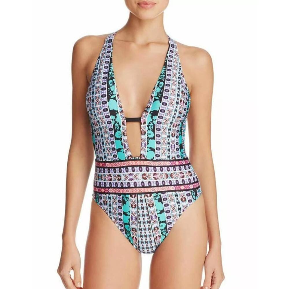 Nanette Lepore Kimono Patchwork Boho Plunge One Piece Swimsuit Large